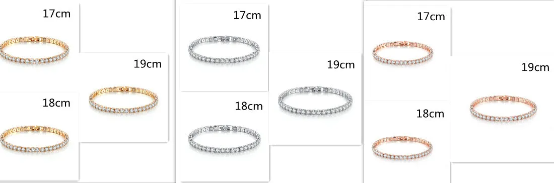 Stainless steel zircon bracelet single row 4mm round full diamond tennis chain in gold finish on white background