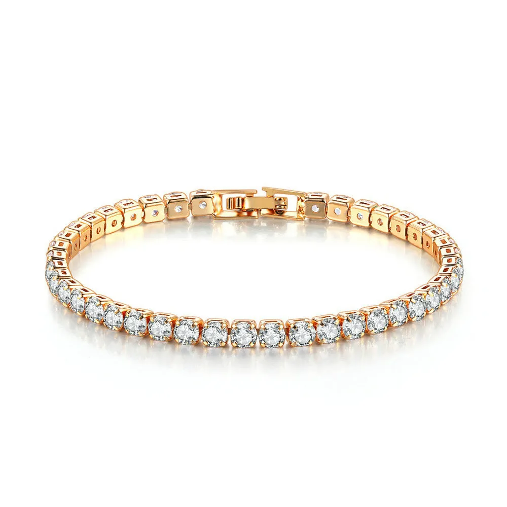Stainless steel zircon bracelet single row 4mm round full diamond tennis chain in gold finish on white background