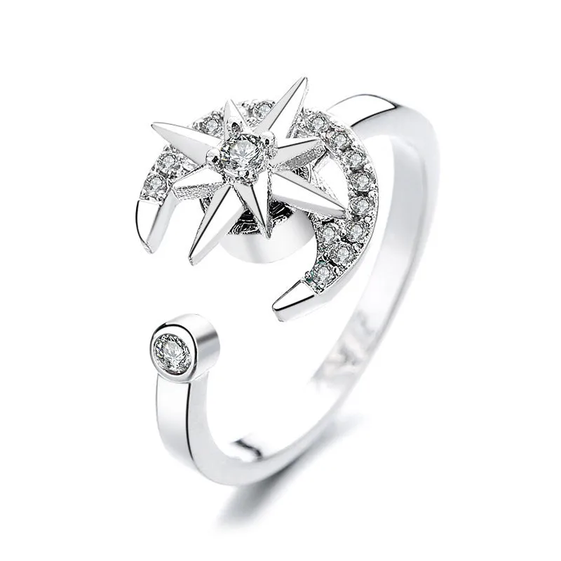 Gold adjustable spinner ring for women with flower bee design, copper alloy, zircon inlay, rotating band