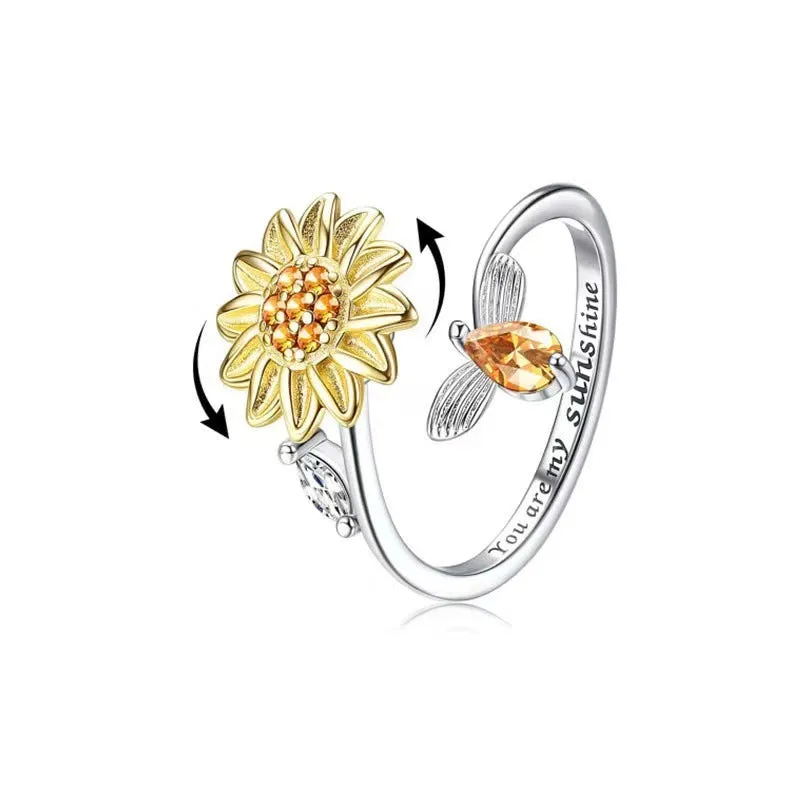 Gold adjustable spinner ring for women with flower bee design, copper alloy, zircon inlay, rotating band