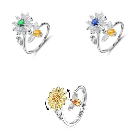 Gold adjustable spinner ring for women with flower bee design, copper alloy, zircon inlay, rotating band
