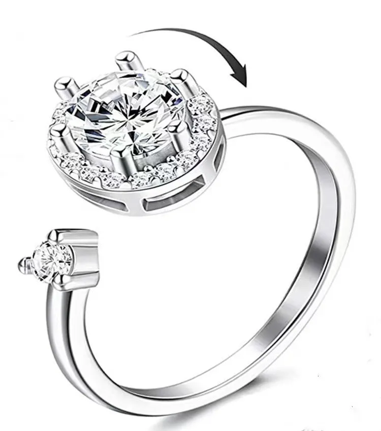 Gold adjustable spinner ring for women with flower bee design, copper alloy, zircon inlay, rotating band