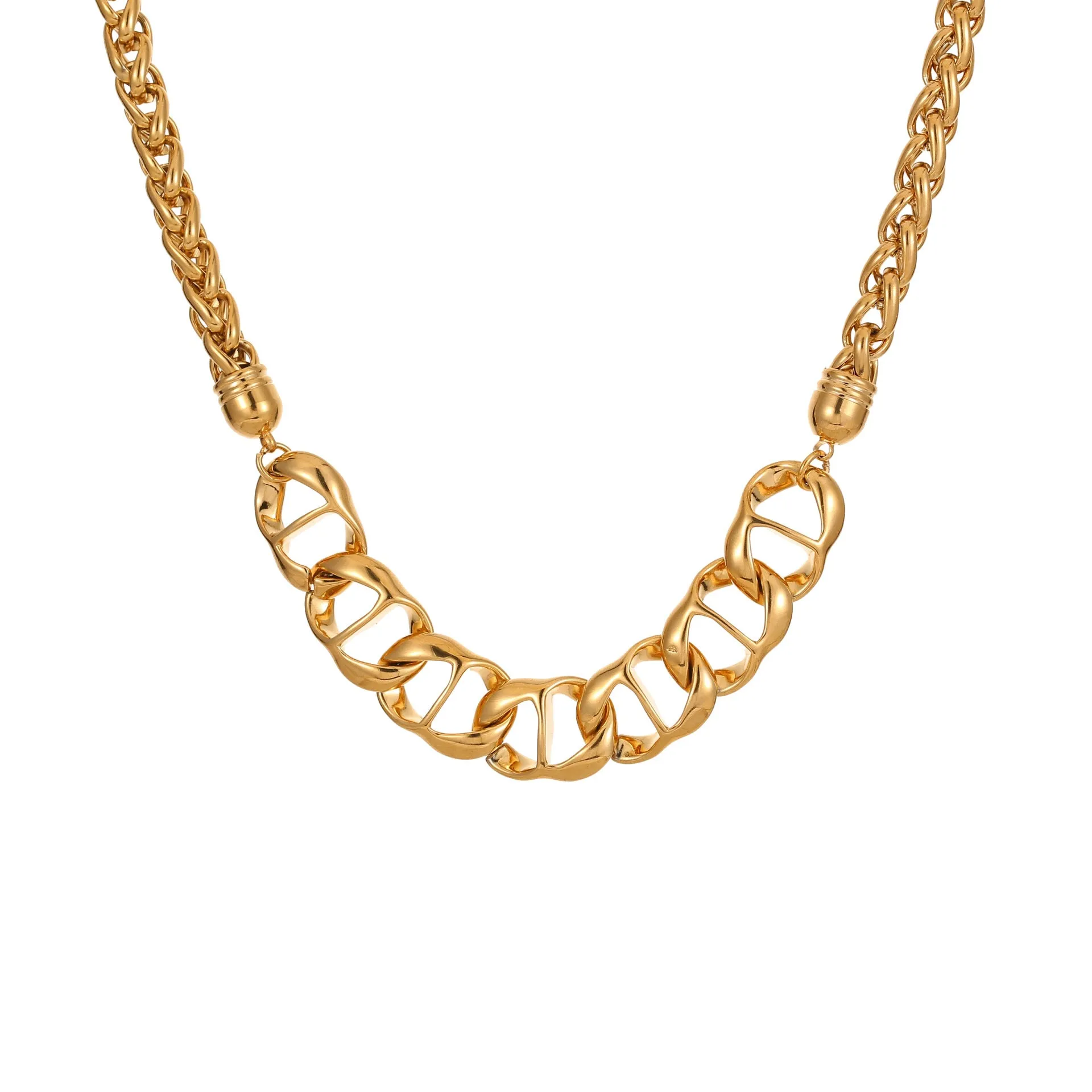 Stainless steel geometric chain necklace with 18K gold plating in gold or steel colour options