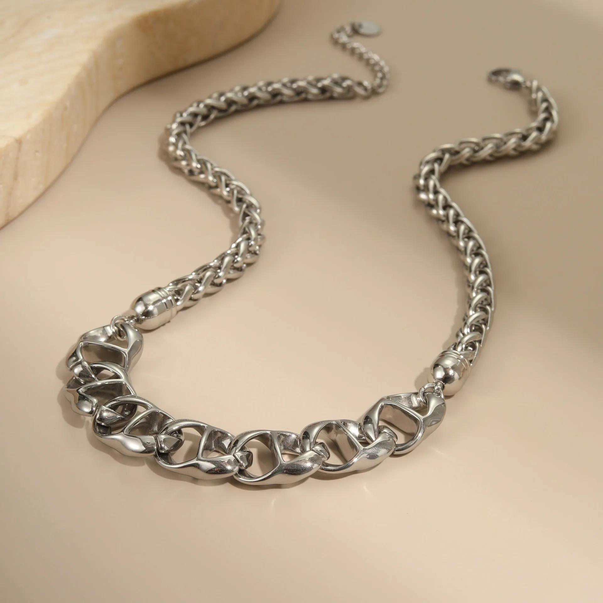 Stainless steel geometric chain necklace with 18K gold plating in gold or steel colour options