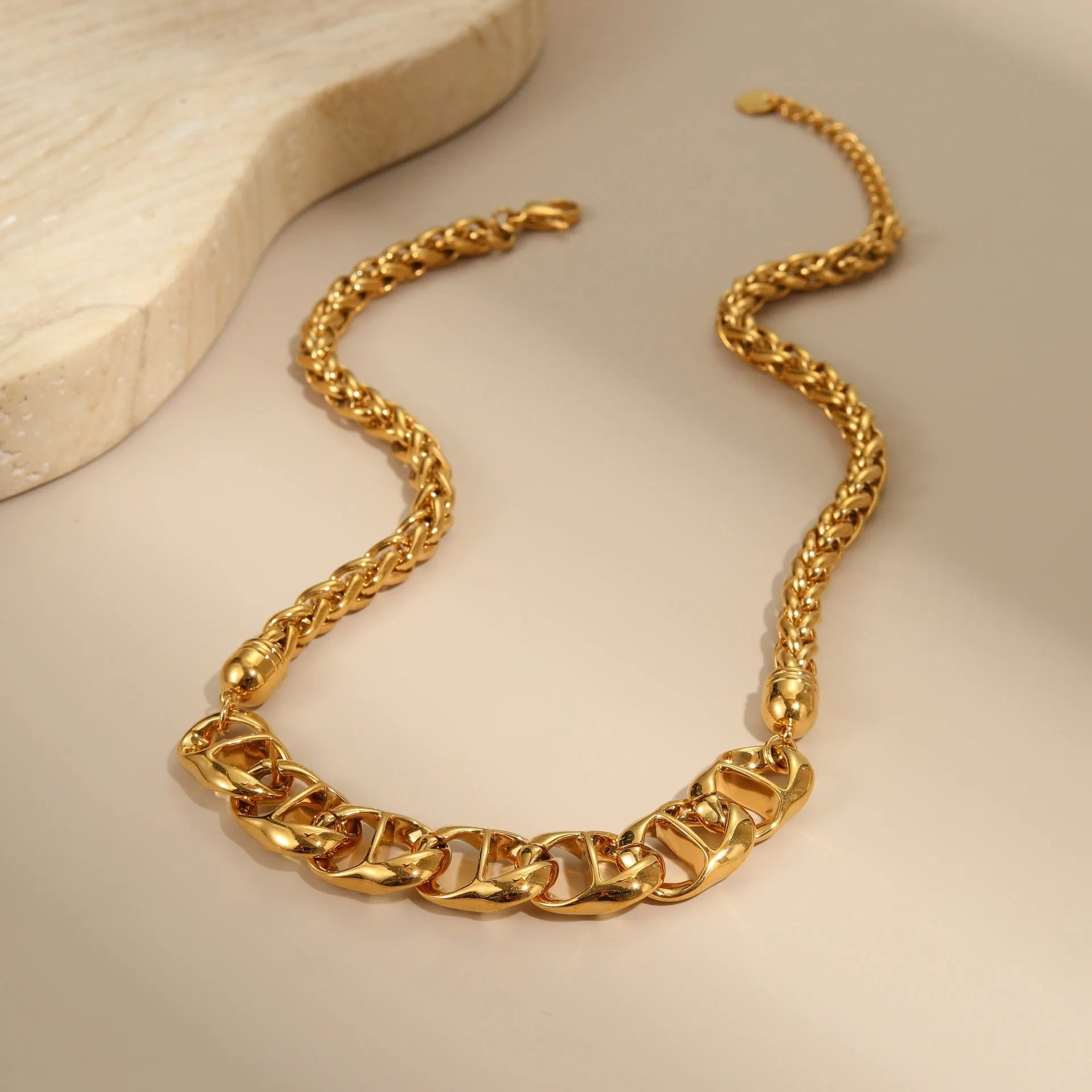Stainless steel geometric chain necklace with 18K gold plating in gold or steel colour options