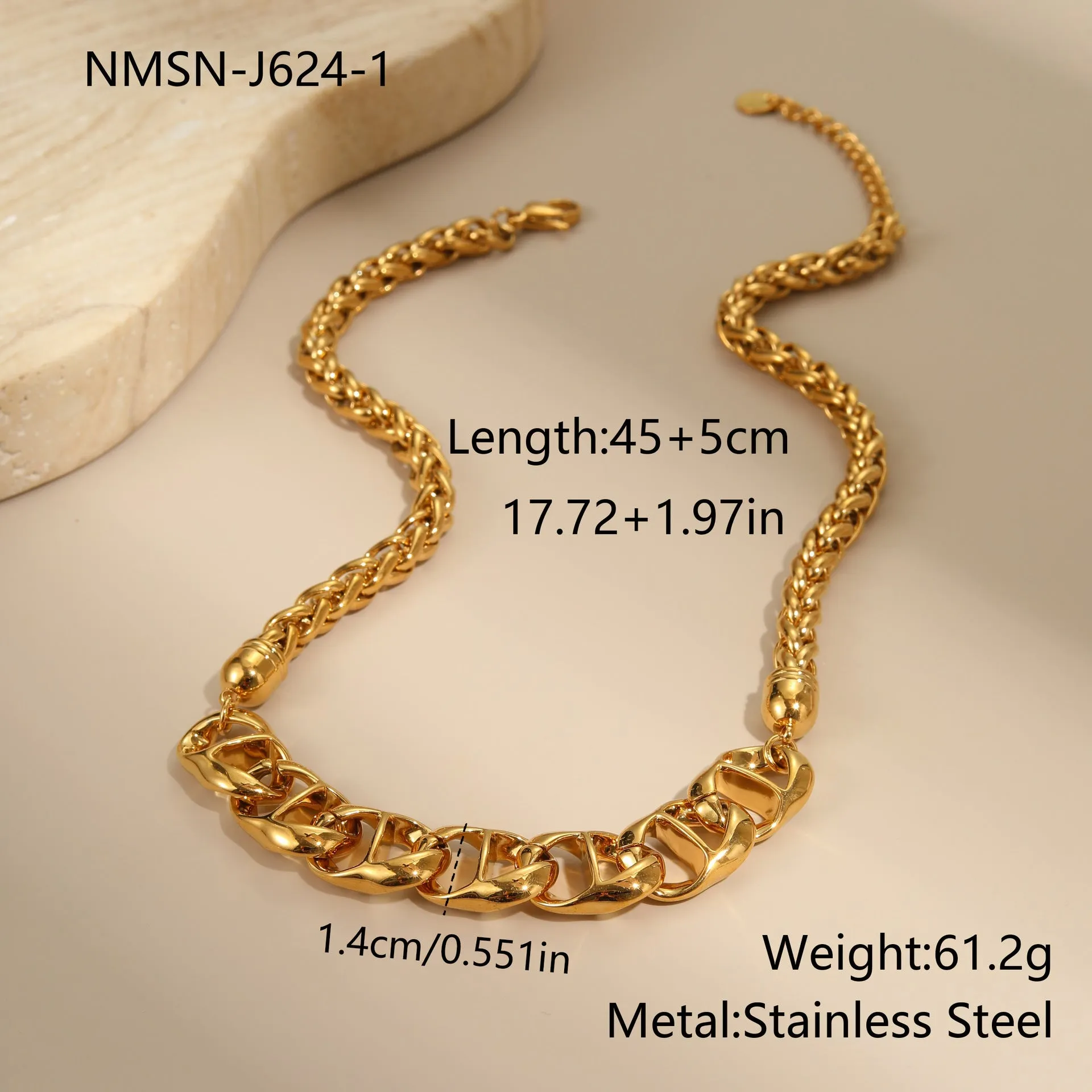 Stainless steel geometric chain necklace with 18K gold plating in gold or steel colour options