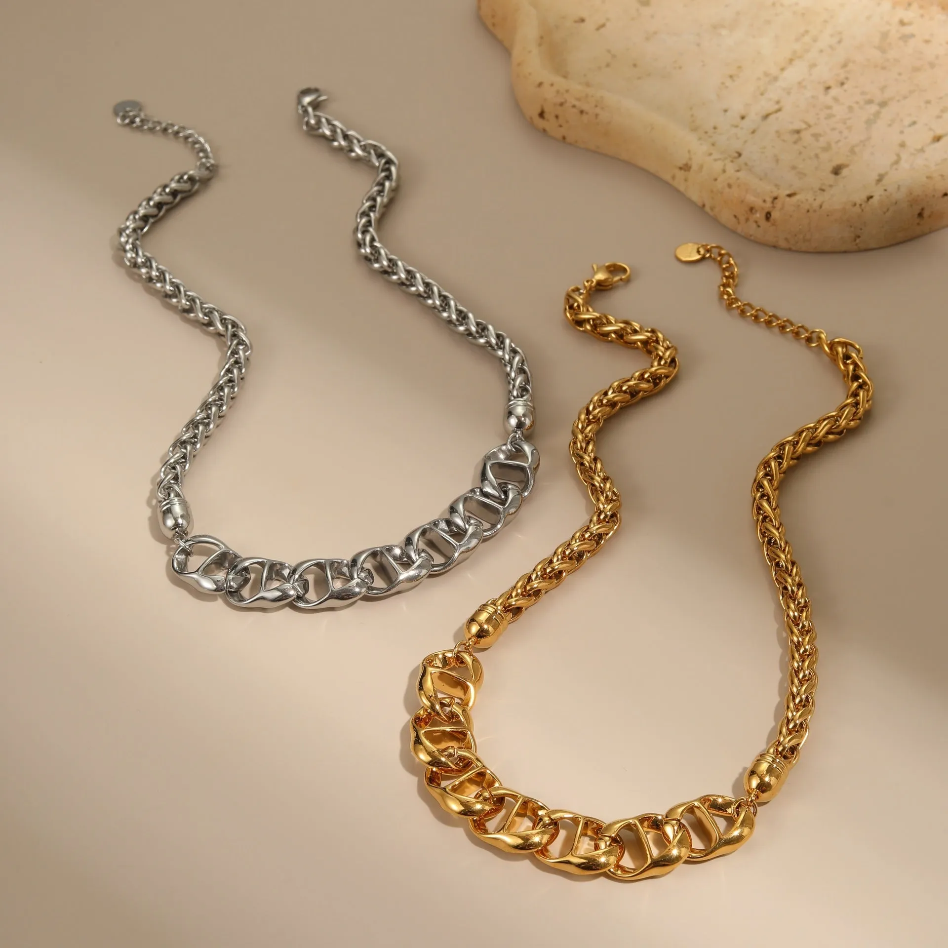 Stainless steel geometric chain necklace with 18K gold plating in gold or steel colour options