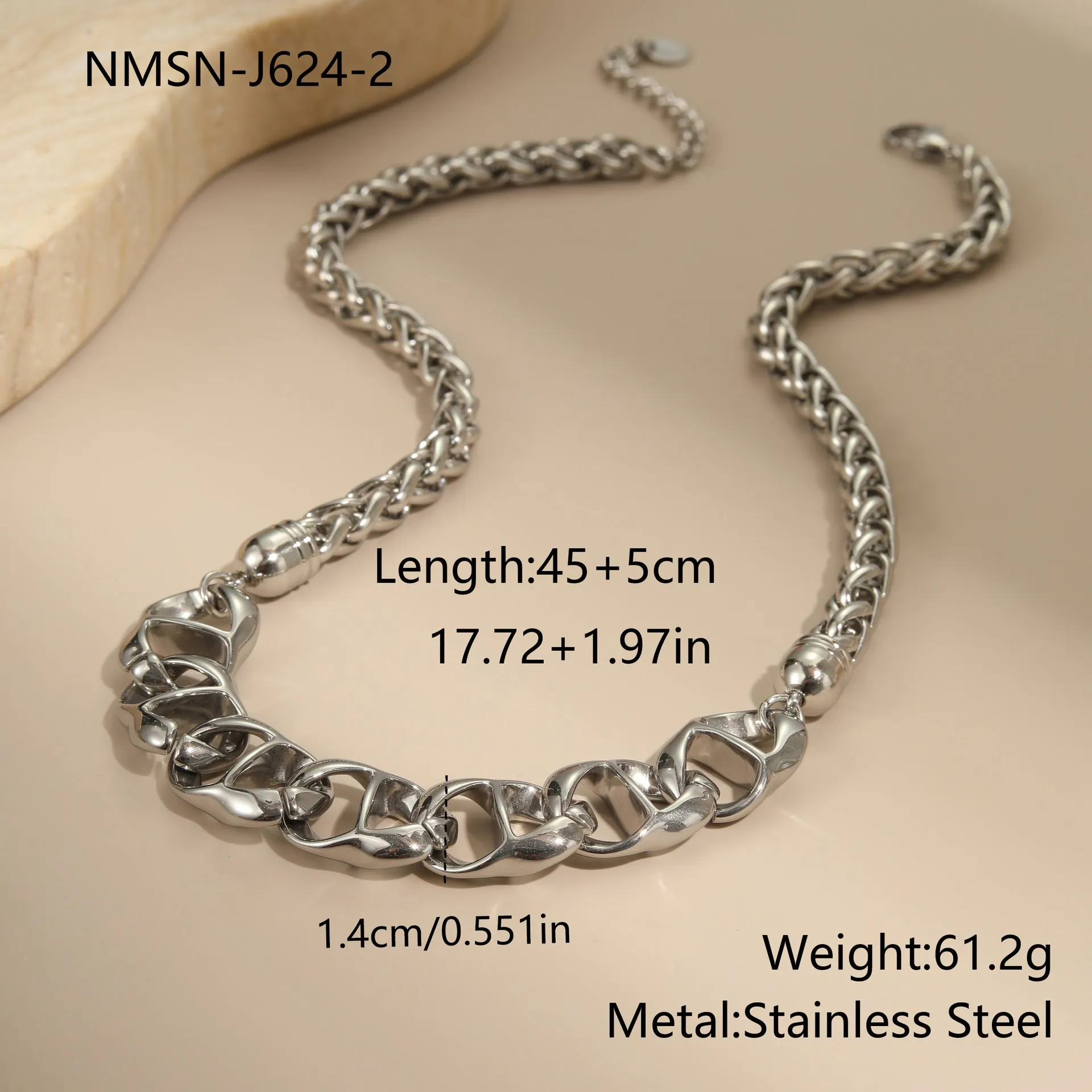 Stainless steel geometric chain necklace with 18K gold plating in gold or steel colour options