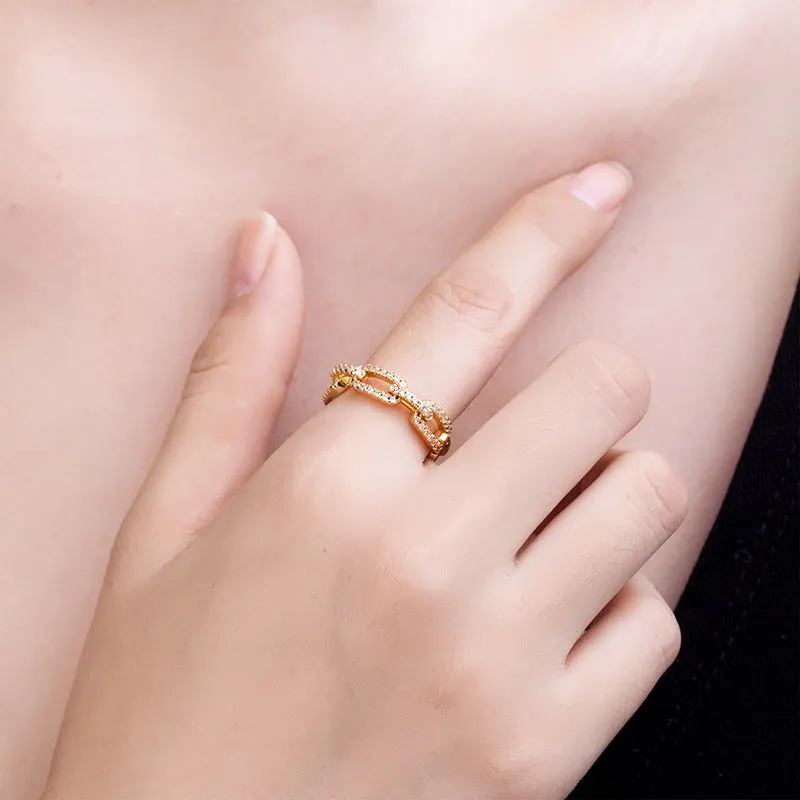 Gold ladies' ring with chain-style design encrusted with micro-inlaid CZ zircon stones, adjustable opening, copper base
