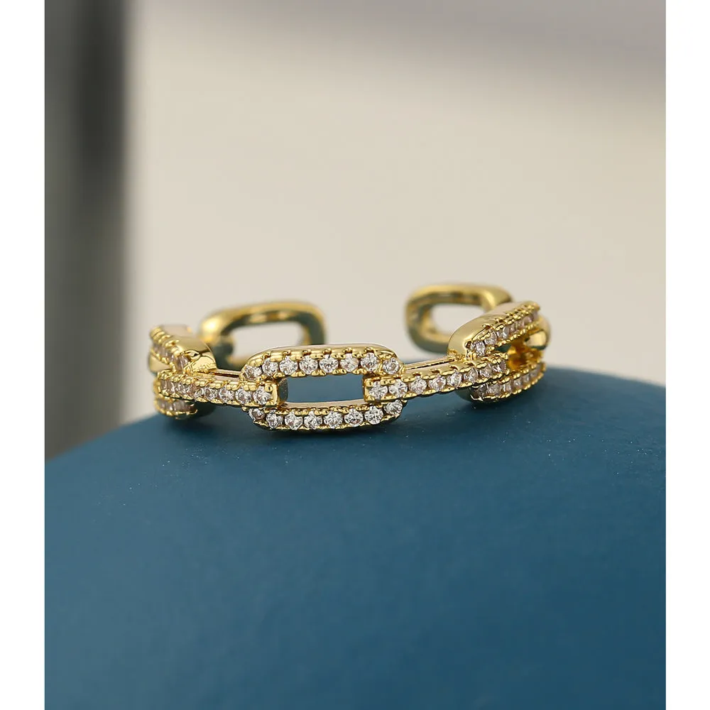 Gold ladies' ring with chain-style design encrusted with micro-inlaid CZ zircon stones, adjustable opening, copper base