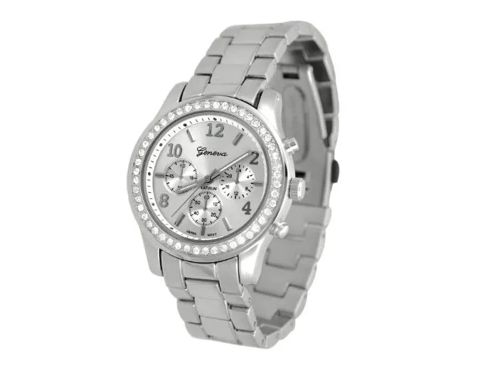 40mm round women's crystal quartz watch with metal alloy bracelet and reclining clasp