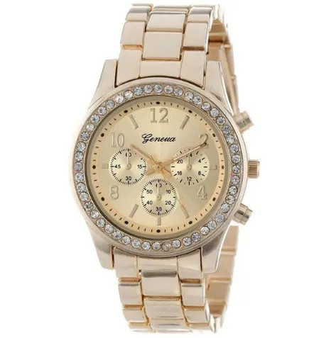 40mm round women's crystal quartz watch with metal alloy bracelet and reclining clasp