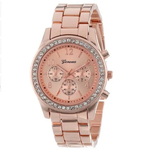 40mm round women's crystal quartz watch with metal alloy bracelet and reclining clasp