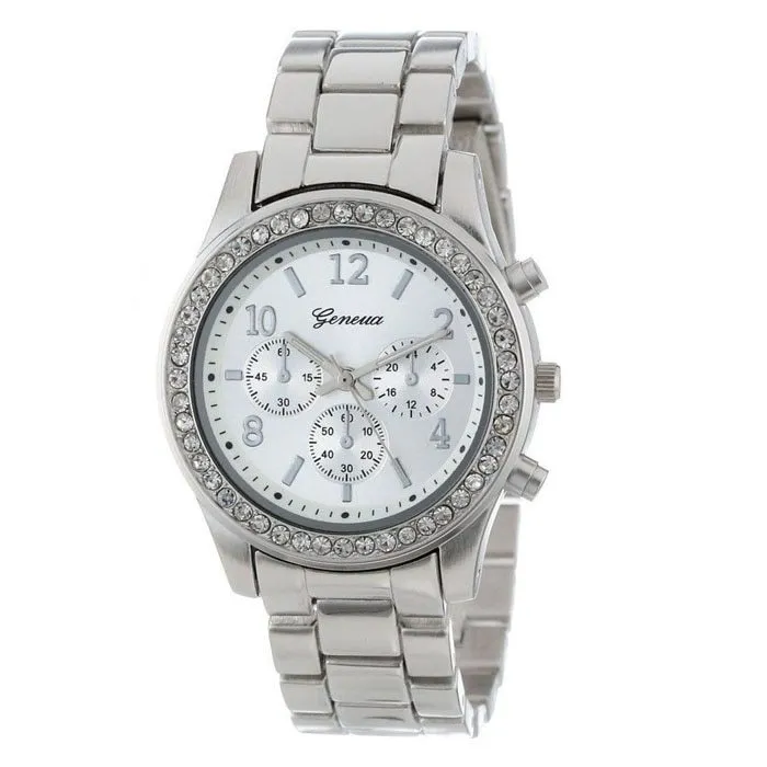 40mm round women's crystal quartz watch with metal alloy bracelet and reclining clasp