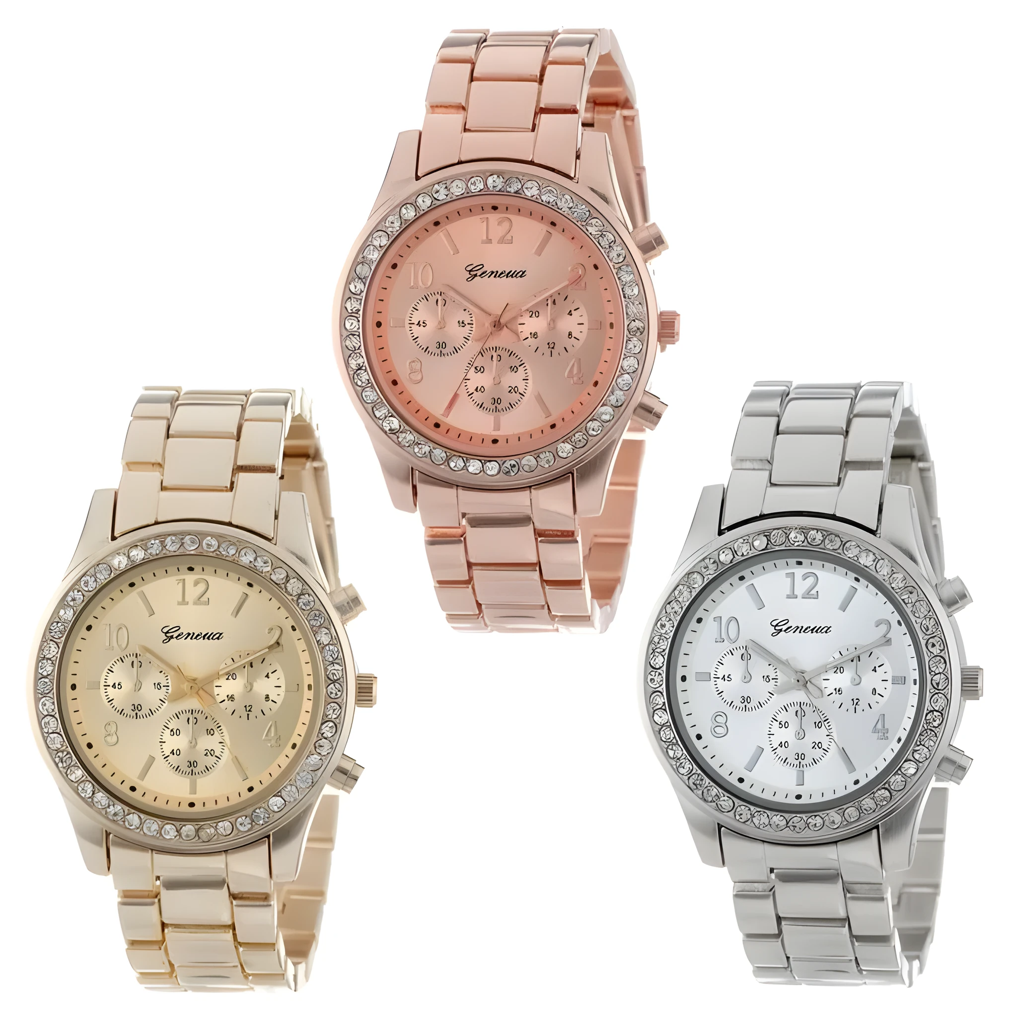 40mm round women's crystal quartz watch with metal alloy bracelet and reclining clasp