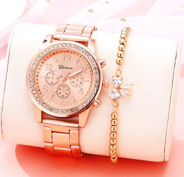 40mm round women's crystal quartz watch with metal alloy bracelet and reclining clasp
