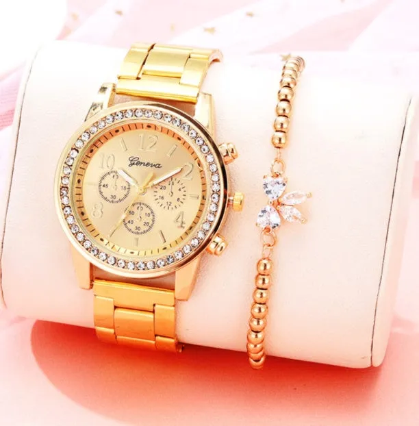 40mm round women's crystal quartz watch with metal alloy bracelet and reclining clasp