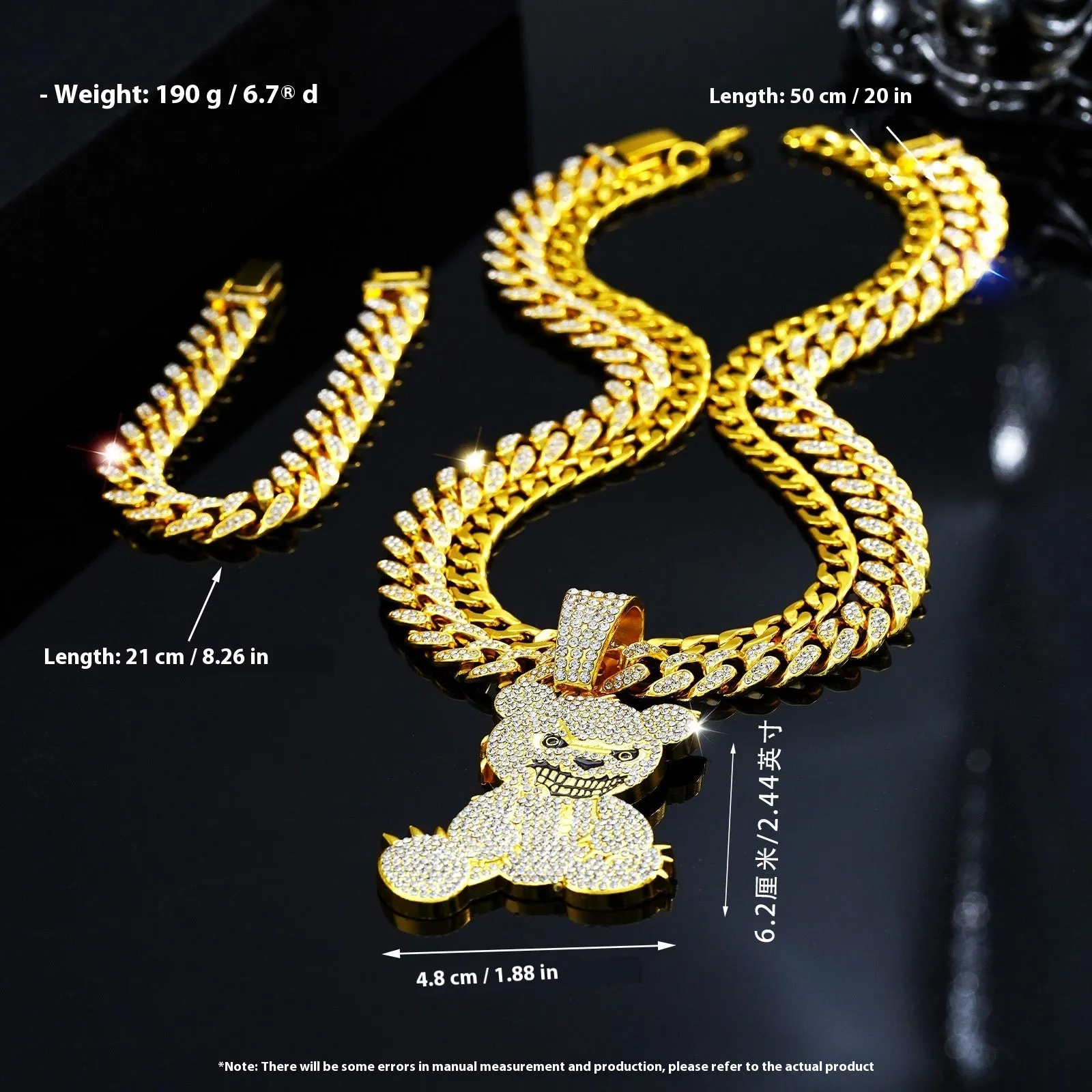 Gold three-piece jewellery set with rhinestone bear pendants on Cuban link chain necklaces and bracelet