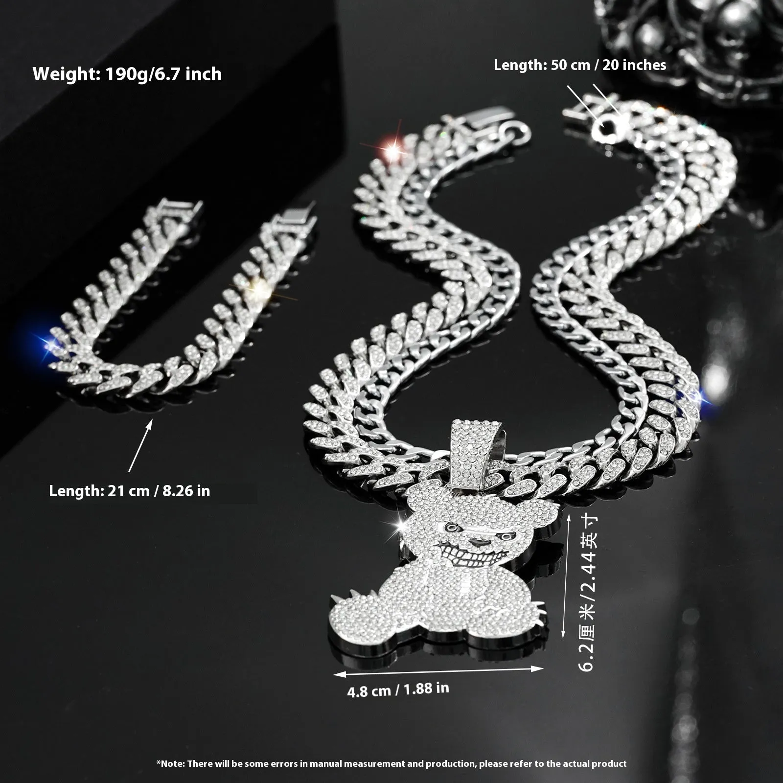 Gold three-piece jewellery set with rhinestone bear pendants on Cuban link chain necklaces and bracelet