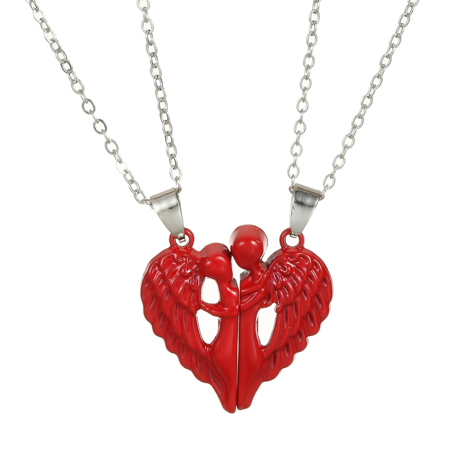 Angel Wings Hug Necklace pendant showing magnetic heart and wing design on alloy chain
