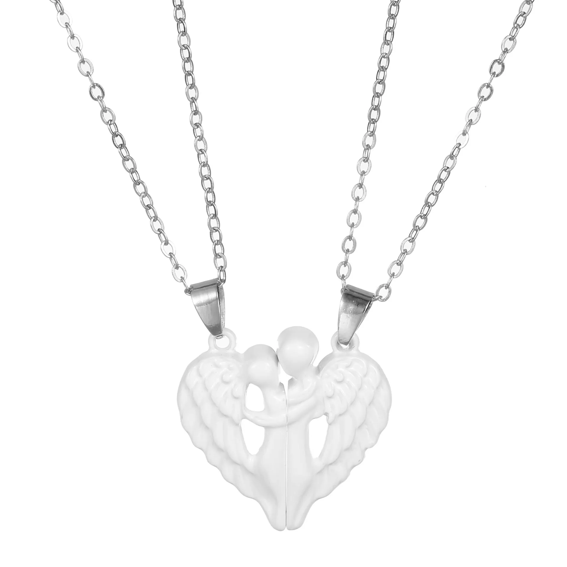 Angel Wings Hug Necklace pendant showing magnetic heart and wing design on alloy chain