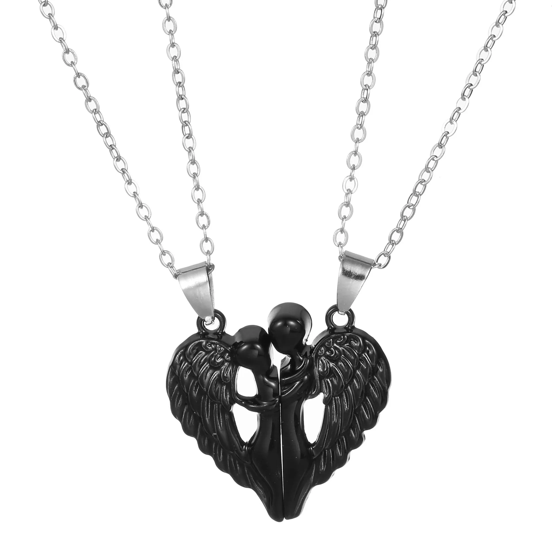 Angel Wings Hug Necklace pendant showing magnetic heart and wing design on alloy chain