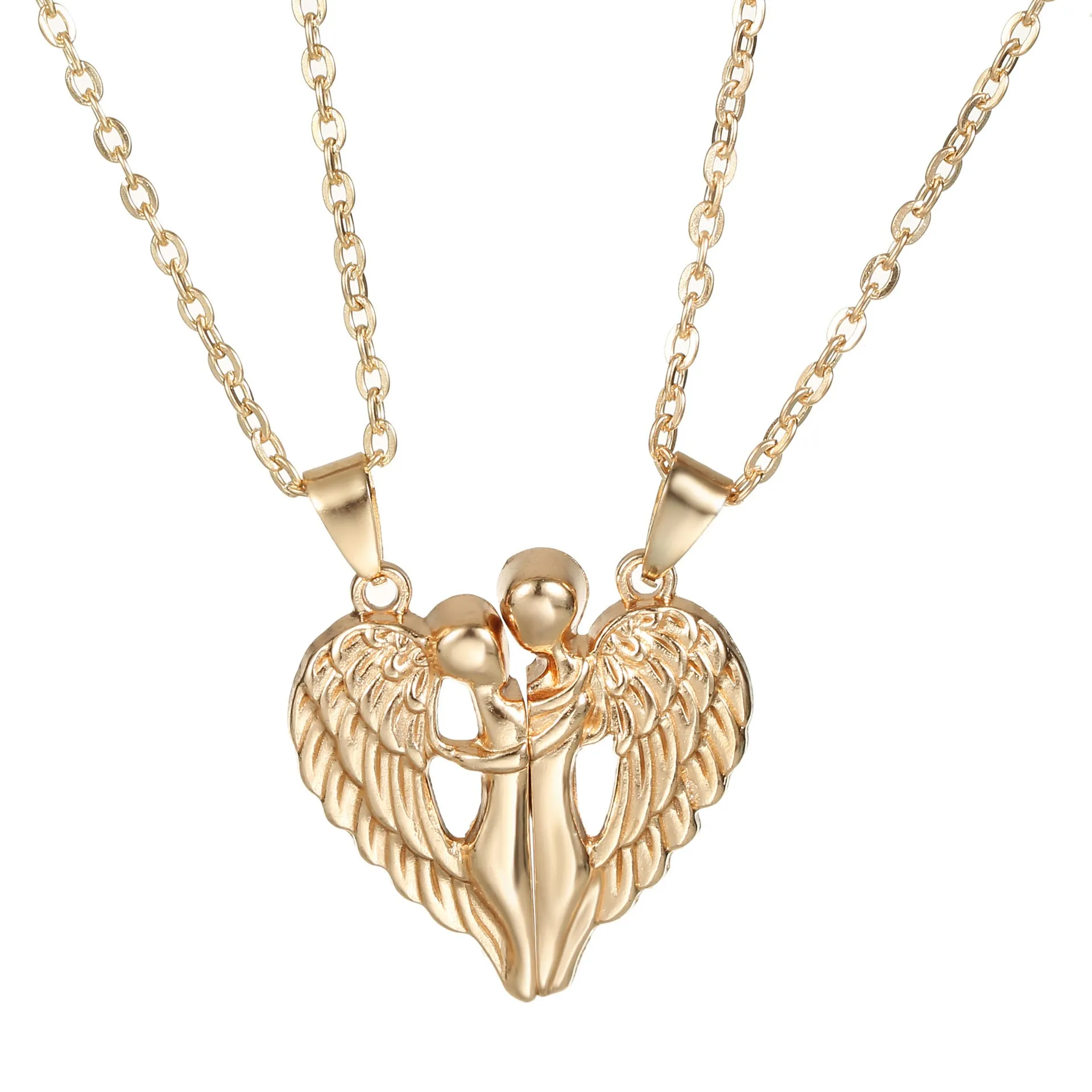 Angel Wings Hug Necklace pendant showing magnetic heart and wing design on alloy chain