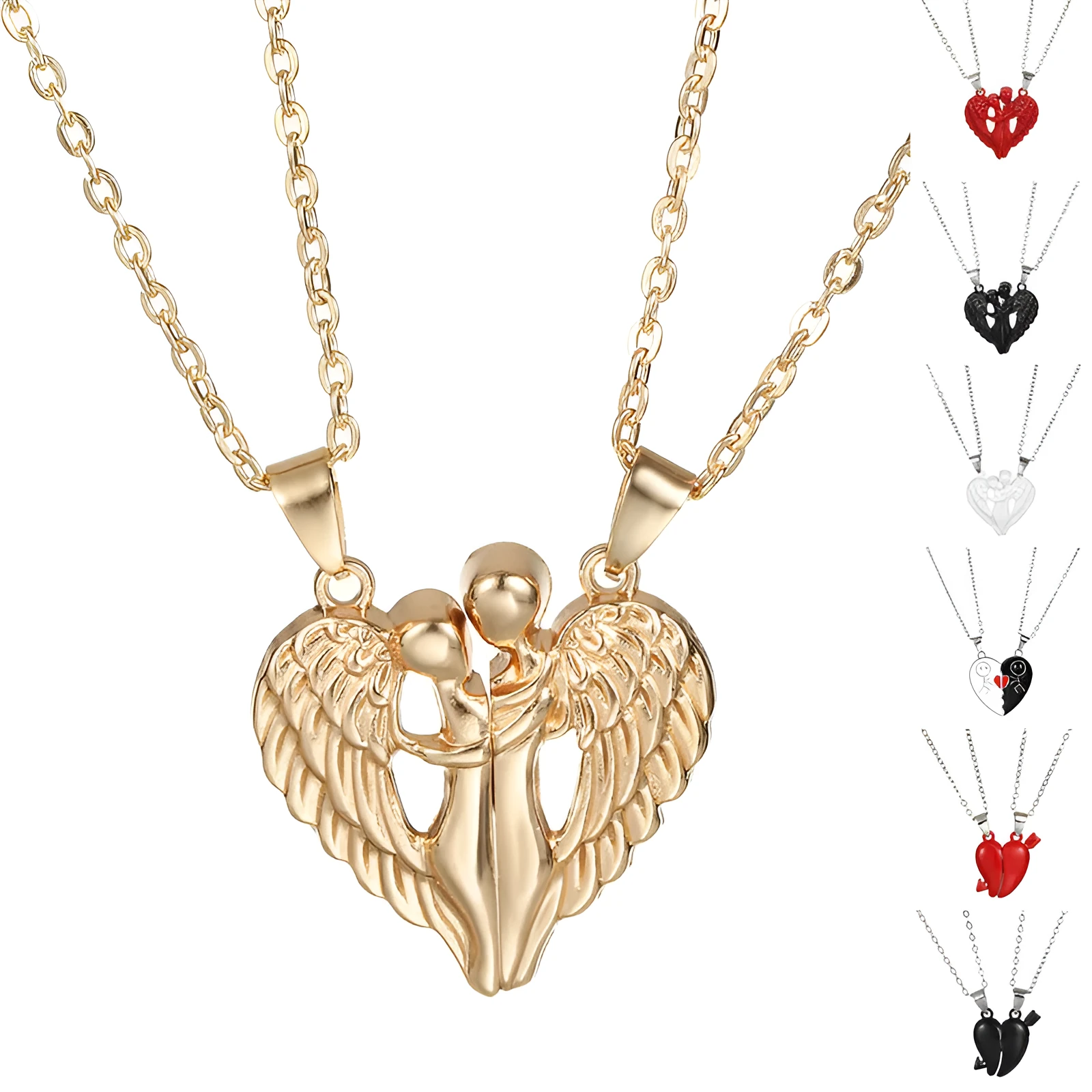 Angel Wings Hug Necklace pendant showing magnetic heart and wing design on alloy chain