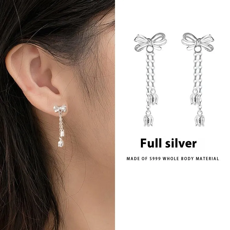 Silver bow eardrops with sweet tassel bone stud design for women