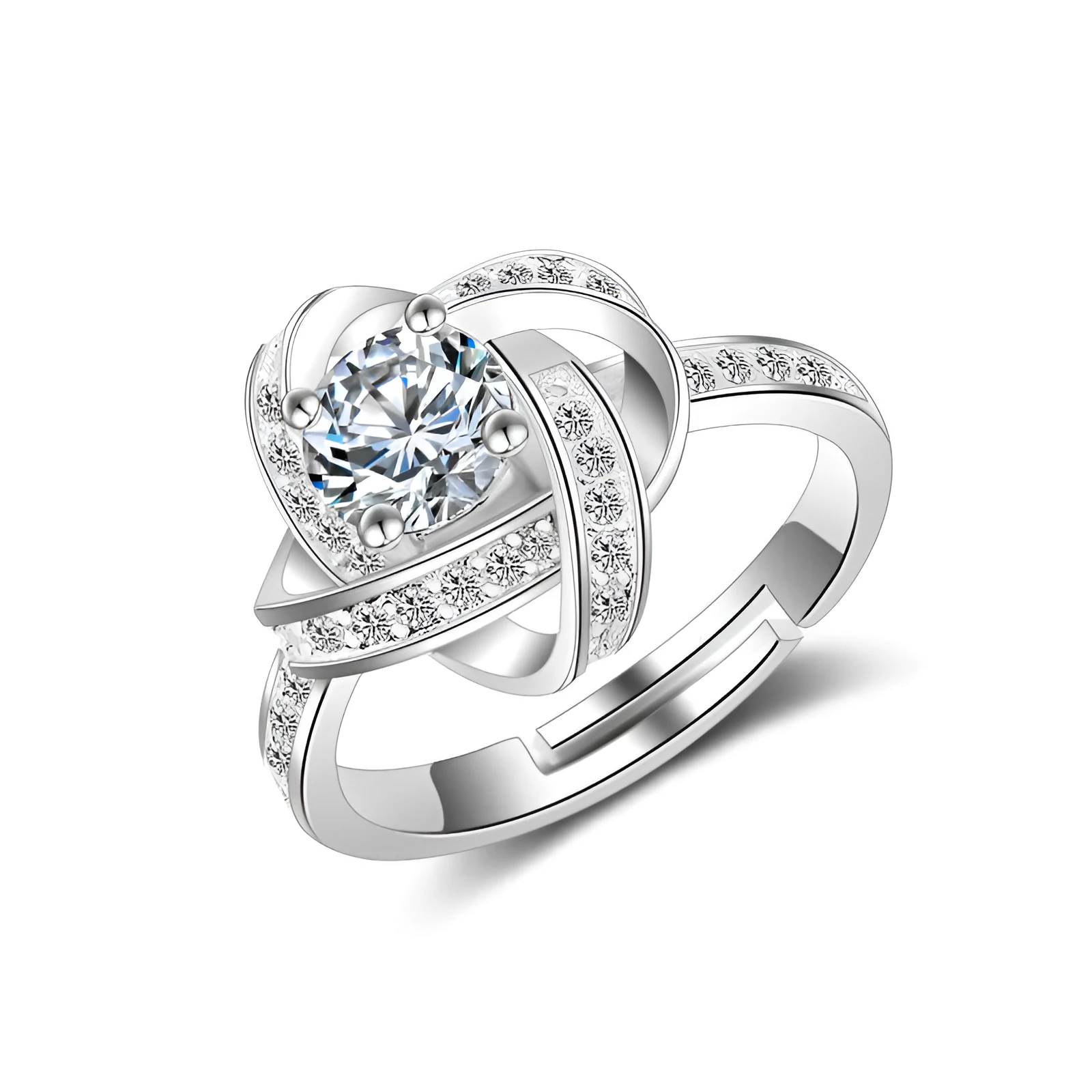 925 sterling silver open band ring with cubic zirconia stone on white background