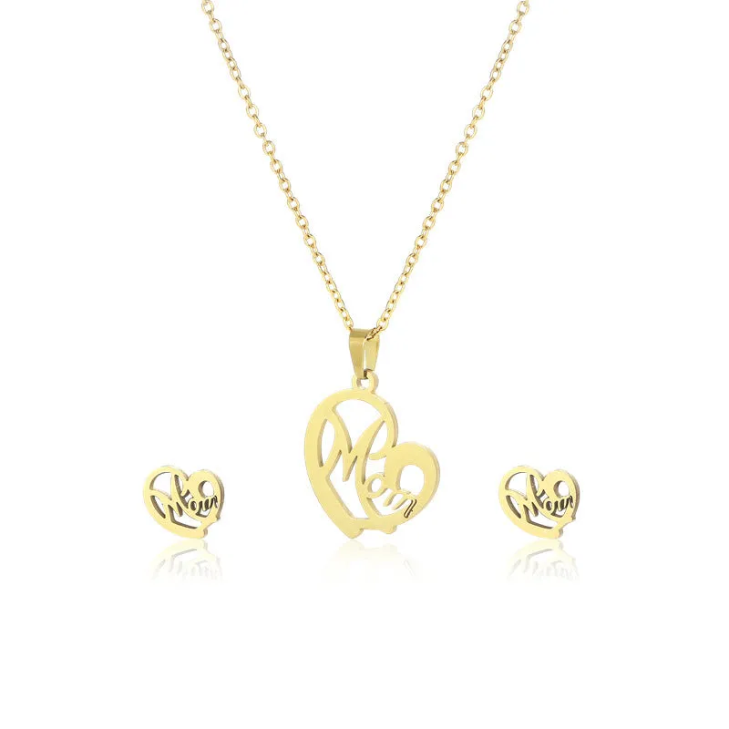 Stainless steel heart-shaped mom necklace and earring set in TZ-216 gold finish on display