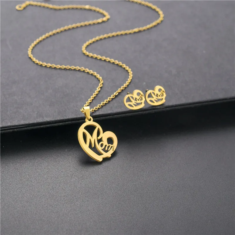 Stainless steel heart-shaped mom necklace and earring set in TZ-216 gold finish on display