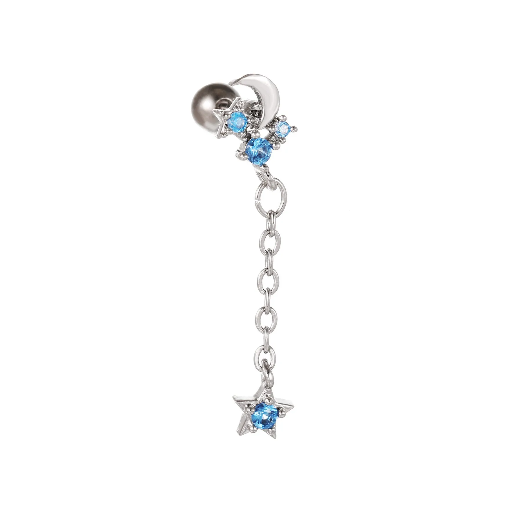Star moon cubic zirconia pendant cartilage earring chain hoop in copper with gold finish