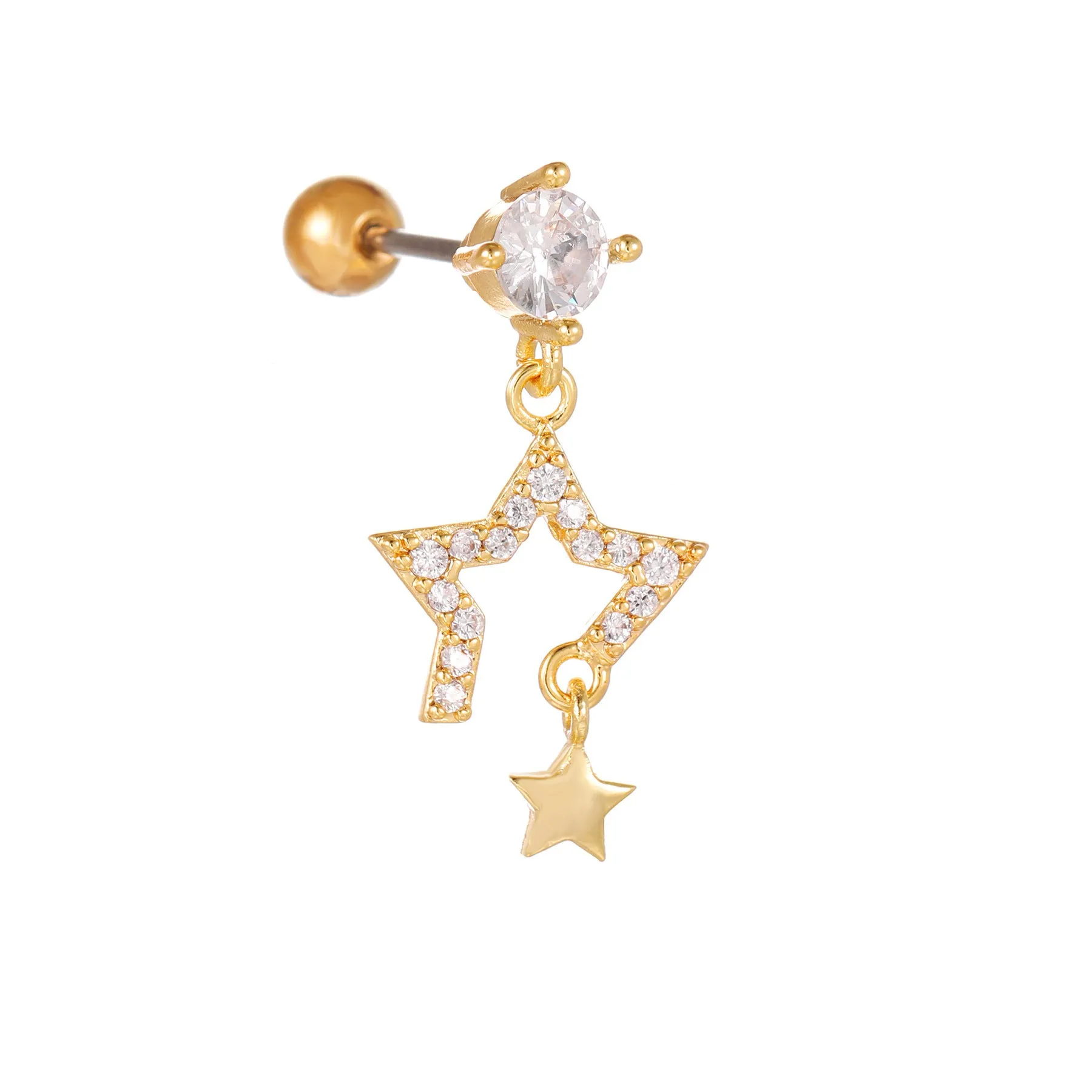 Star moon cubic zirconia pendant cartilage earring chain hoop in copper with gold finish