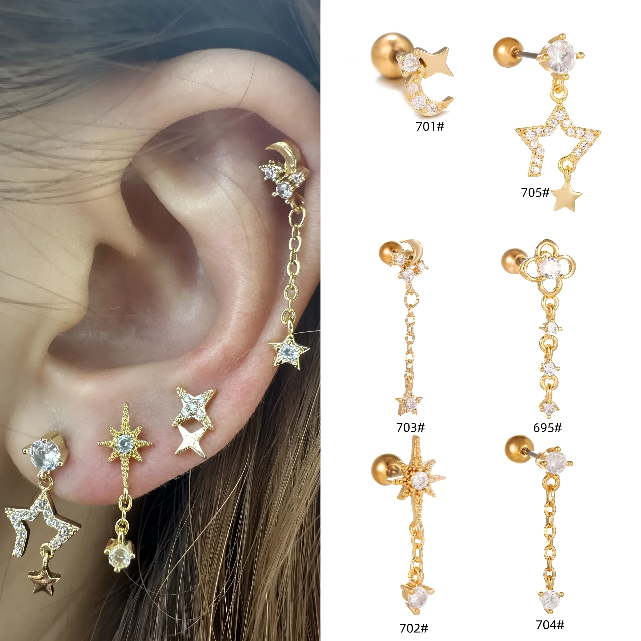 Star moon cubic zirconia pendant cartilage earring chain hoop in copper with gold finish