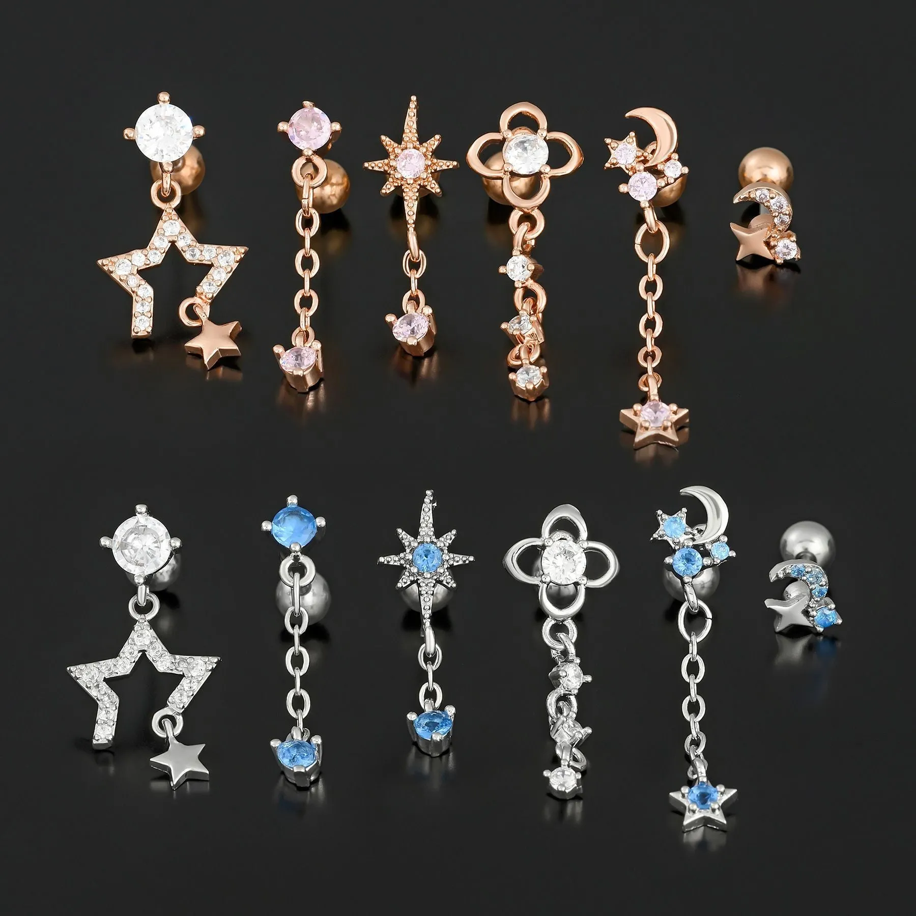 Star moon cubic zirconia pendant cartilage earring chain hoop in copper with gold finish