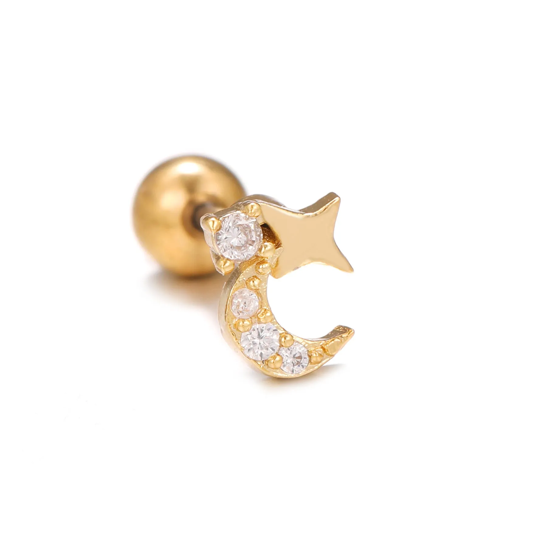 Star moon cubic zirconia pendant cartilage earring chain hoop in copper with gold finish