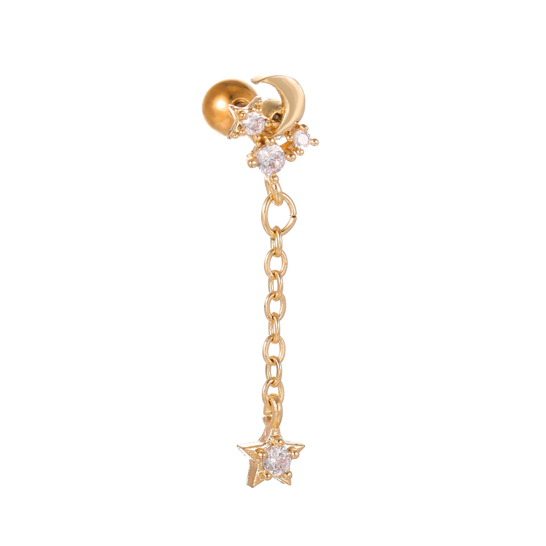 Star moon cubic zirconia pendant cartilage earring chain hoop in copper with gold finish
