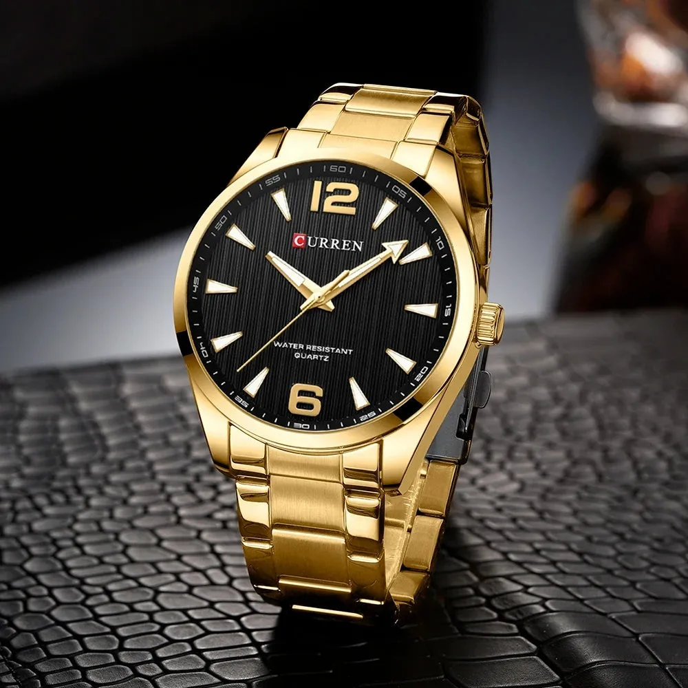 Men's business quartz watch with stainless steel strap, black shell blue colour, 11mm alloy case on display