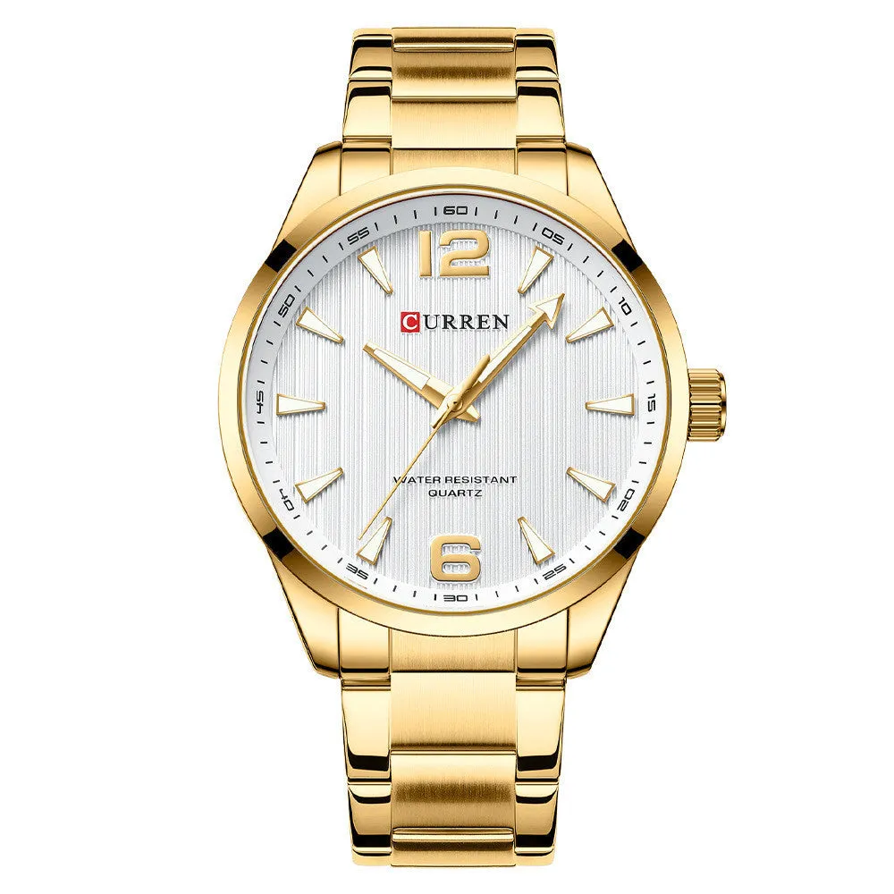 Men's business quartz watch with stainless steel strap, black shell blue colour, 11mm alloy case on display