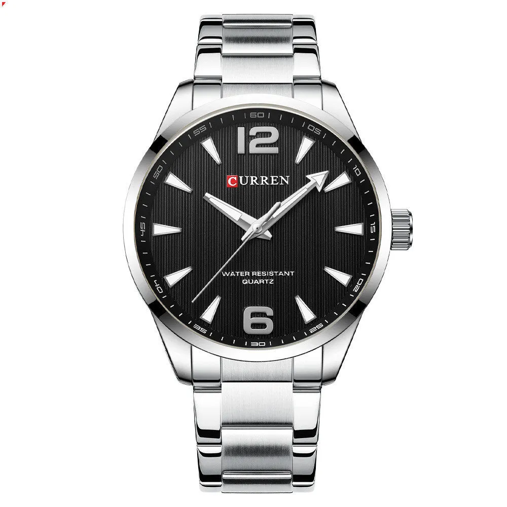 Men's business quartz watch with stainless steel strap, black shell blue colour, 11mm alloy case on display