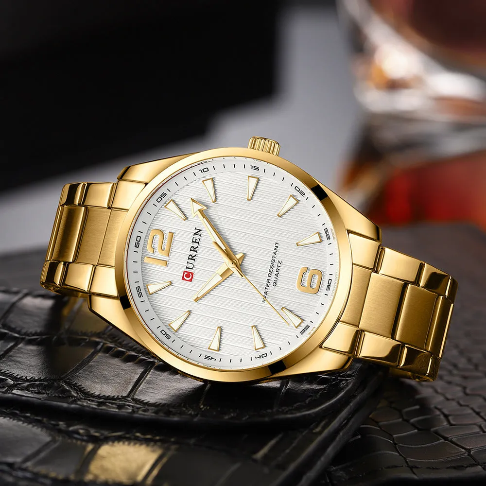 Men's business quartz watch with stainless steel strap, black shell blue colour, 11mm alloy case on display