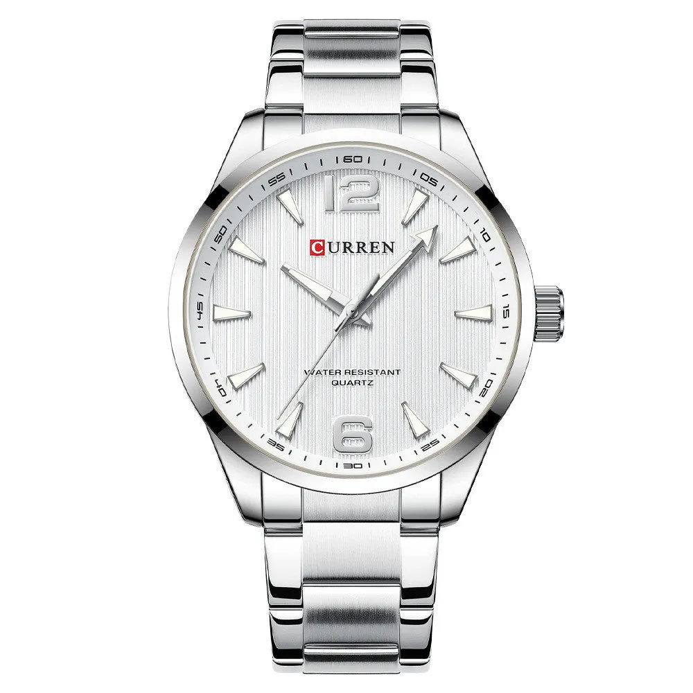 Men's business quartz watch with stainless steel strap, black shell blue colour, 11mm alloy case on display