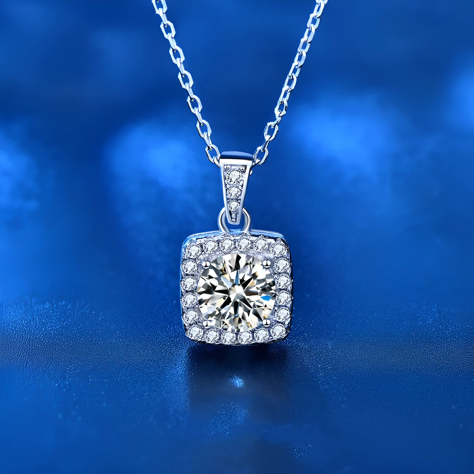 S925 sterling silver moissanite pendant necklace 1 carat square bag cut on fine polished chain