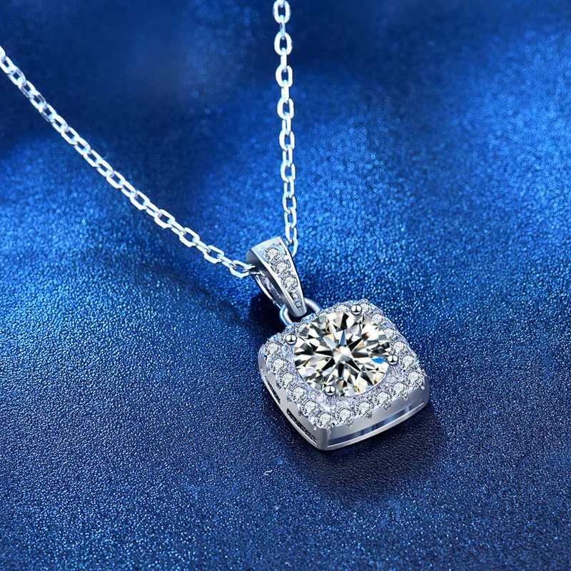 S925 sterling silver moissanite pendant necklace 1 carat square bag cut on fine polished chain