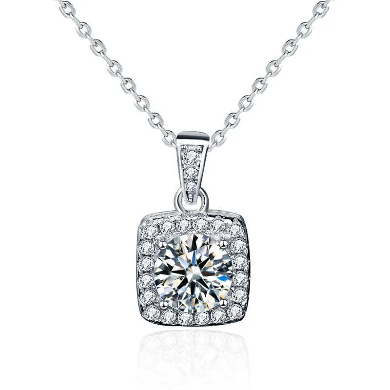 S925 sterling silver moissanite pendant necklace 1 carat square bag cut on fine polished chain