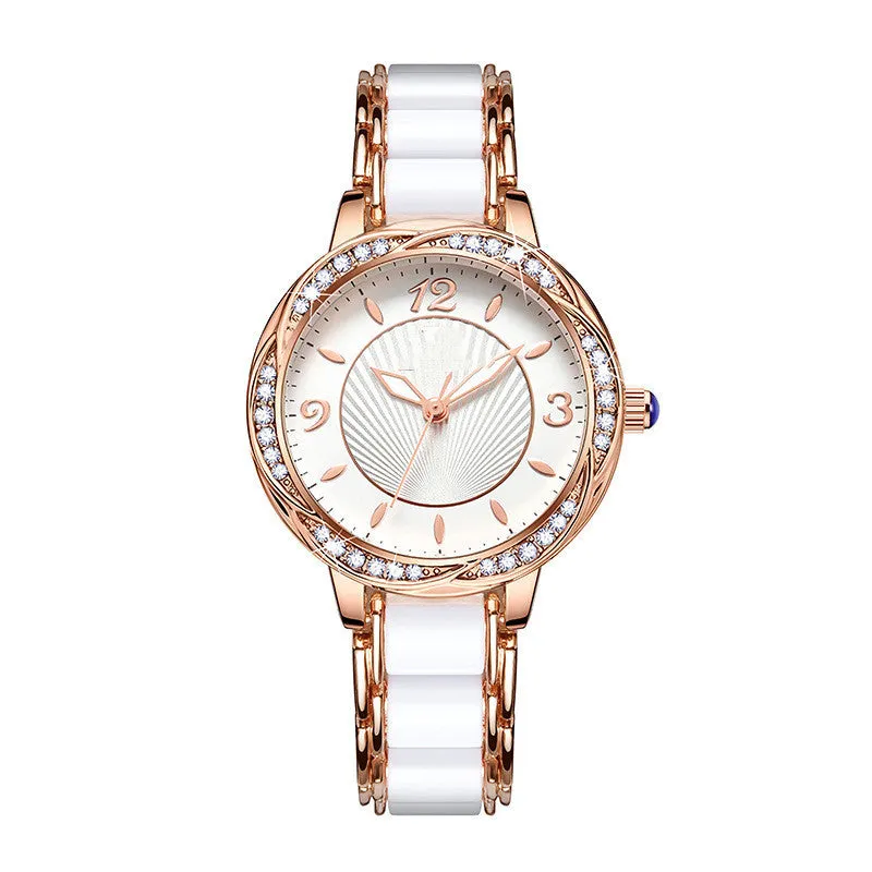 Women's quartz watch with ceramic-style steel strap, alloy case, and 31.1mm white dial in rose gold
