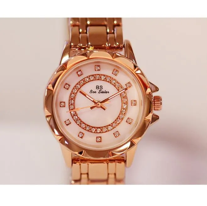 BS New Diamond Women's Watch with genuine diamond accents on a gold finish dial showing 3.2mm diameter