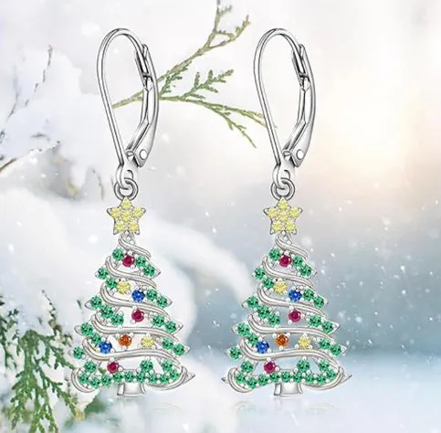 White gold coloured Christmas tree earrings for women with star accents on copper pendant