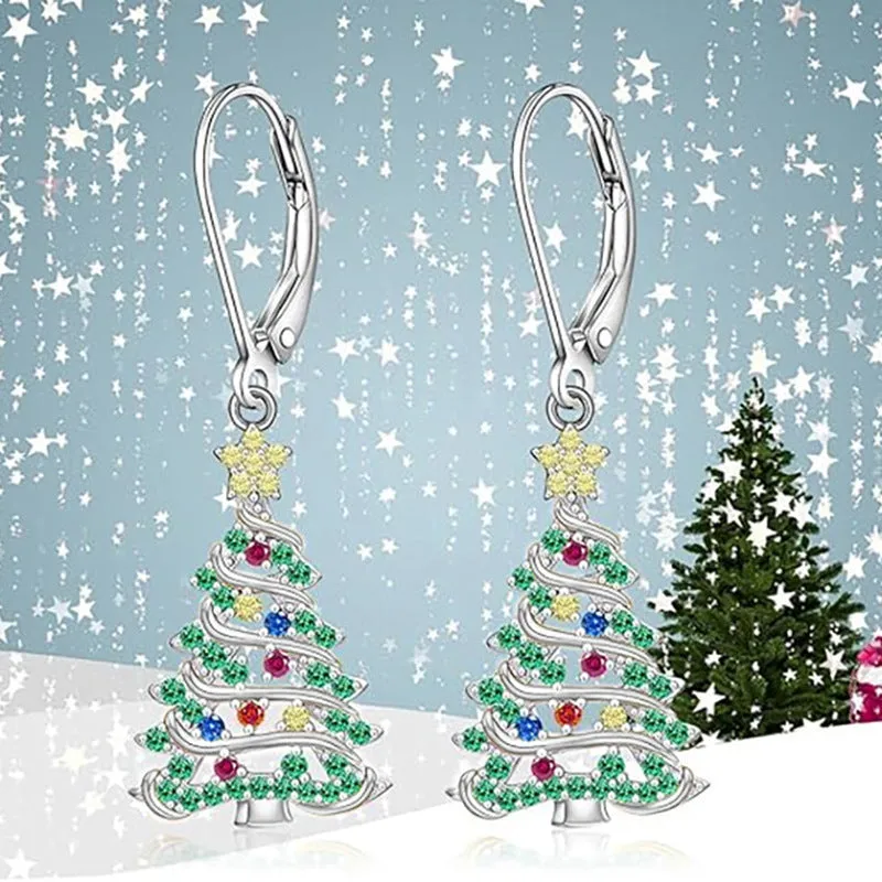 White gold coloured Christmas tree earrings for women with star accents on copper pendant